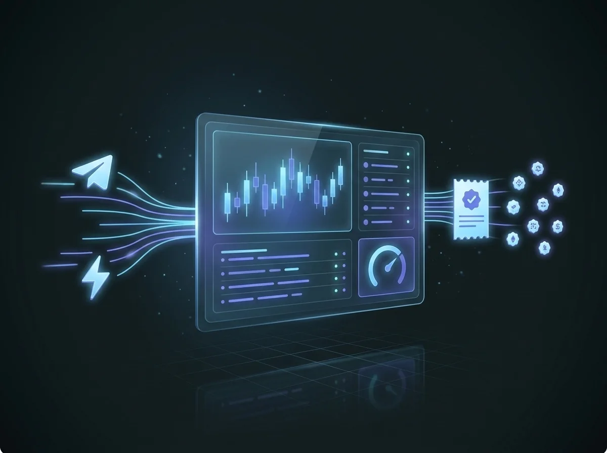 Signals from Telegram and TradingView flow into AlgoVesta's dashboard and exit as verified exchange orders