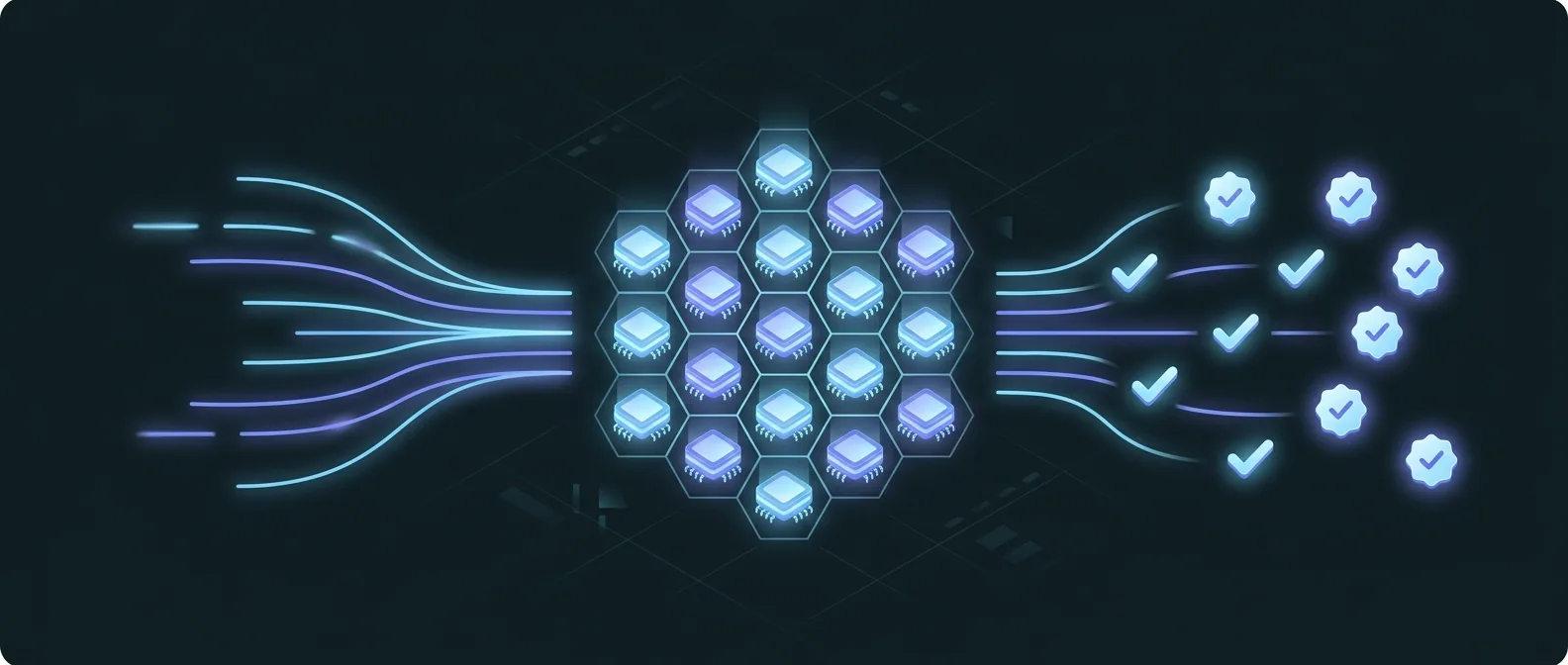 Signals flowing through AlgoVesta's 26-module verification layer before execution