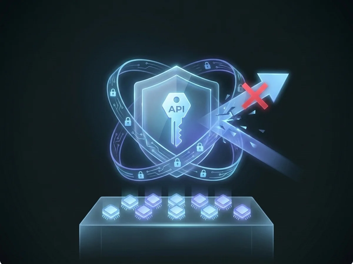Encrypted API key shield blocking withdrawals while funds stay safely on the exchange