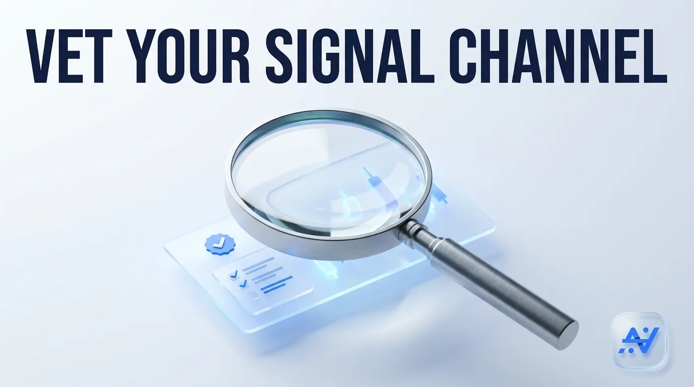 Lista de verificação para avaliar um canal de sinais do Telegram antes de conectá-lo a um bot automatizado: símbolo, direção, entrada, stop-loss, formato consistente