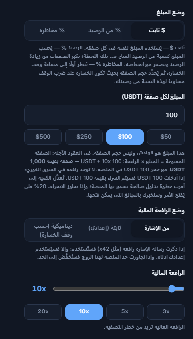 حجم المركز والرافعة المالية: وضع الدولار الثابت، المبلغ لكل صفقة، وضع الرافعة المالية، وشريط تمرير الرافعة المالية