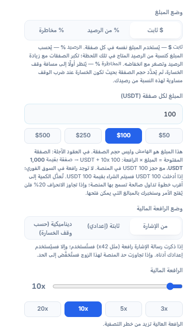 حجم المركز والرافعة المالية: وضع الدولار الثابت، المبلغ لكل صفقة، وضع الرافعة المالية، وشريط تمرير الرافعة المالية