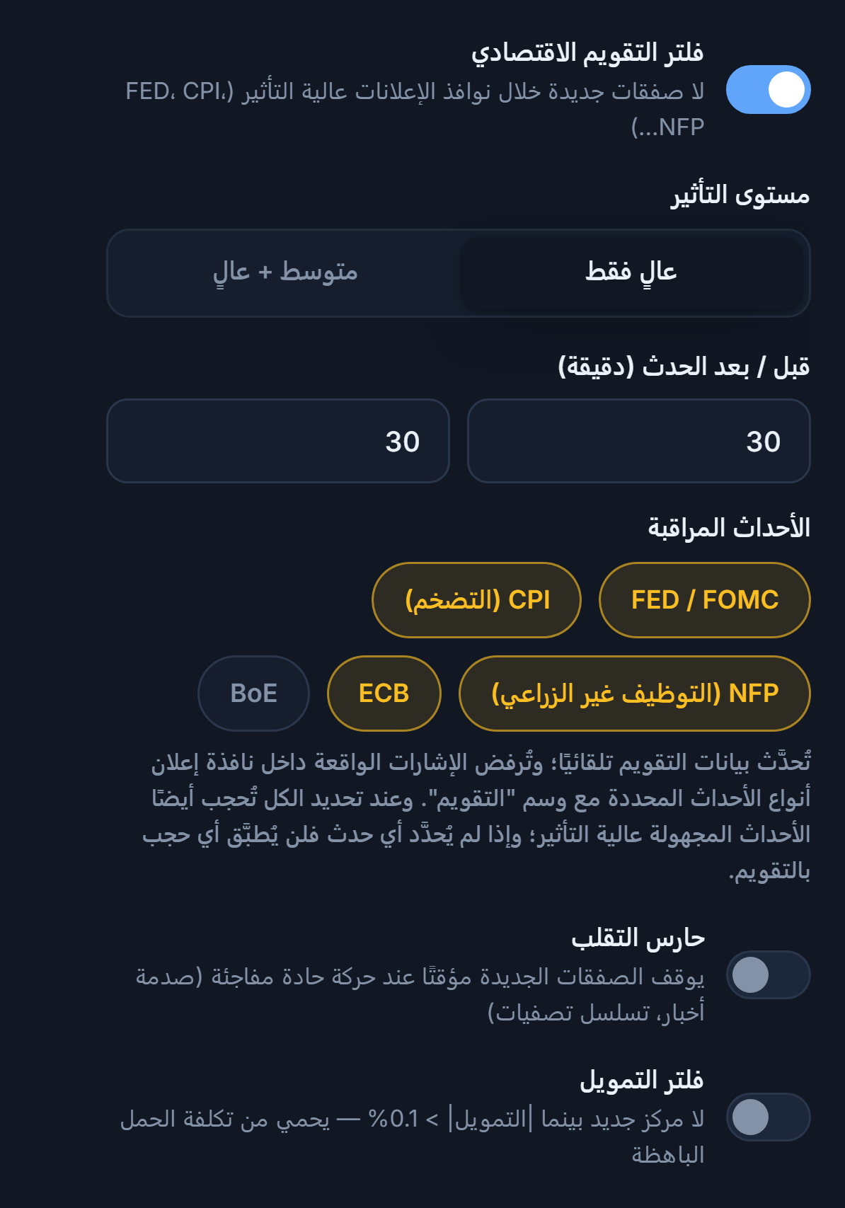 عمود السوق في درع الحماية: فلتر التقويم الاقتصادي، مستوى التأثير، الدقائق قبل وبعد الحدث، الأحداث المراقبة، حارس التقلب، وفلتر التمويل