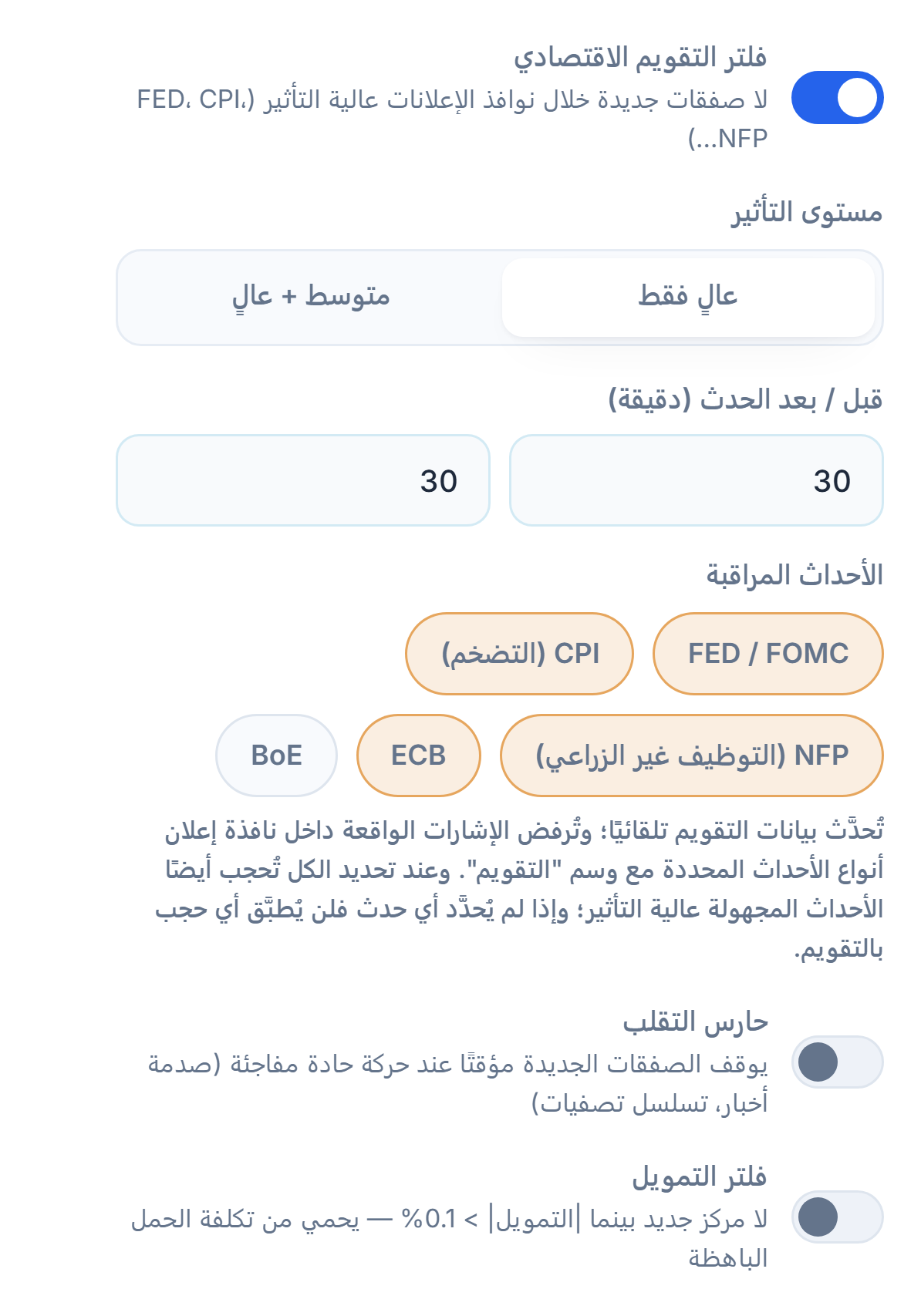 عمود السوق في درع الحماية: فلتر التقويم الاقتصادي، مستوى التأثير، الدقائق قبل وبعد الحدث، الأحداث المراقبة، حارس التقلب، وفلتر التمويل