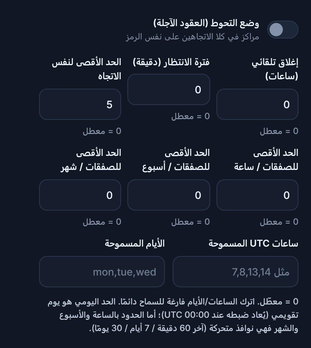 التنفيذ المتقدم: وضع التحوط، الإغلاق التلقائي، فترة الانتظار، الحد الأقصى لنفس الاتجاه، الحدود بالساعة والأسبوع والشهر، ساعات UTC المسموحة والأيام المسموحة