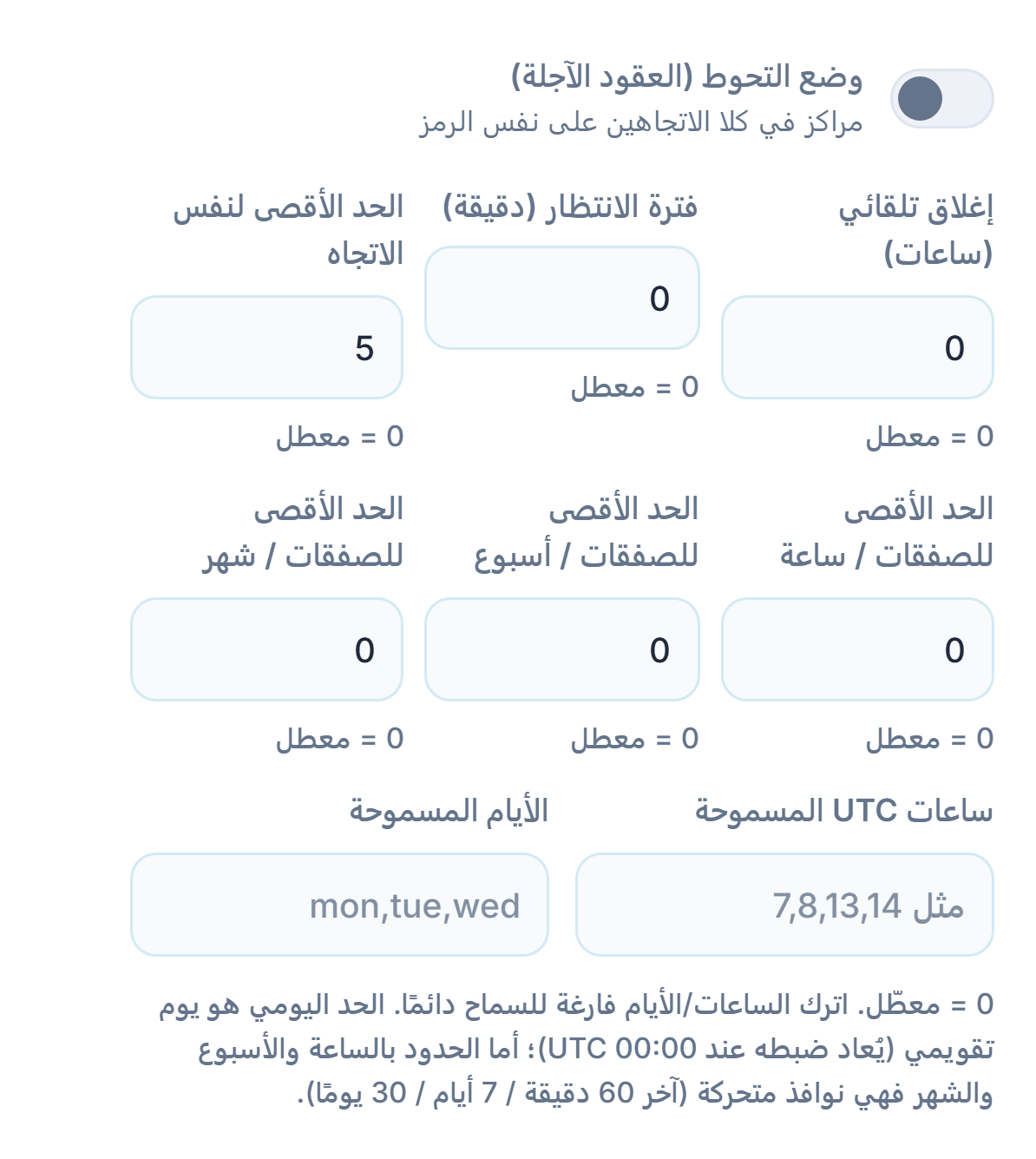 التنفيذ المتقدم: وضع التحوط، الإغلاق التلقائي، فترة الانتظار، الحد الأقصى لنفس الاتجاه، الحدود بالساعة والأسبوع والشهر، ساعات UTC المسموحة والأيام المسموحة