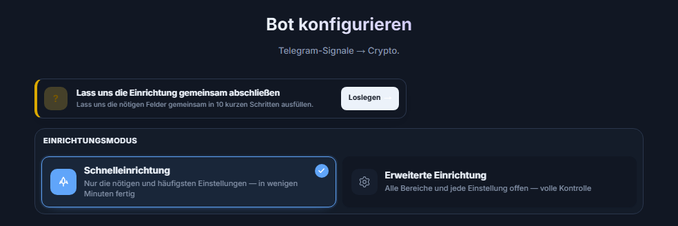 Oberer Teil des Bildschirms „Bot konfigurieren“: Schaltfläche „Loslegen“ des Einrichtungsleitfadens, Karten für Schnelleinrichtung und Erweiterte Einrichtung