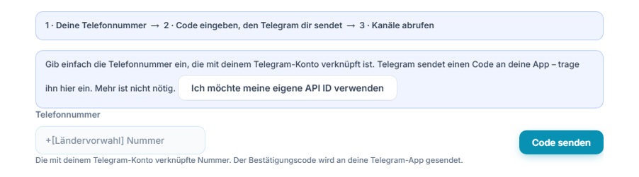 Telegram-Verbindung: Schrittleiste, Feld Telefonnummer und Schaltfläche Code senden