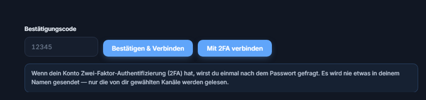 Feld Bestätigungscode und Schaltfläche Verifizieren & Verbinden