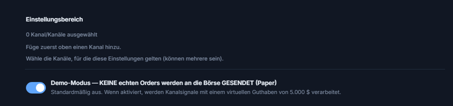 Oberer Teil der Krypto-Einrichtung: Einstellungsbereich (0 Kanäle ausgewählt) und ausgeschalteter Demo-Modus-Schalter