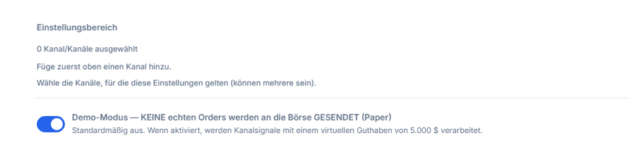 Oberer Teil der Krypto-Einrichtung: Einstellungsbereich (0 Kanäle ausgewählt) und ausgeschalteter Demo-Modus-Schalter