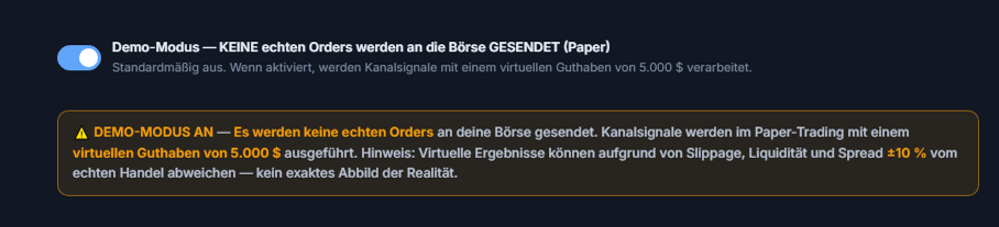 Demo-Modus eingeschaltet: Schalter in Position an und orangefarbener Warnbalken DEMO-MODUS AN