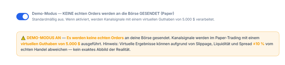 Demo-Modus eingeschaltet: Schalter in Position an und orangefarbener Warnbalken DEMO-MODUS AN