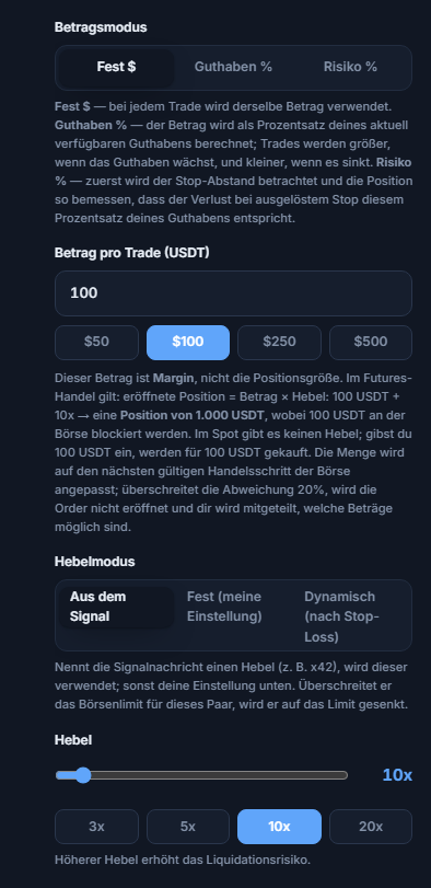 Positionsgröße & Hebel: Modus Fest Dollar, Betrag pro Trade, Hebelmodus und Hebel-Schieberegler