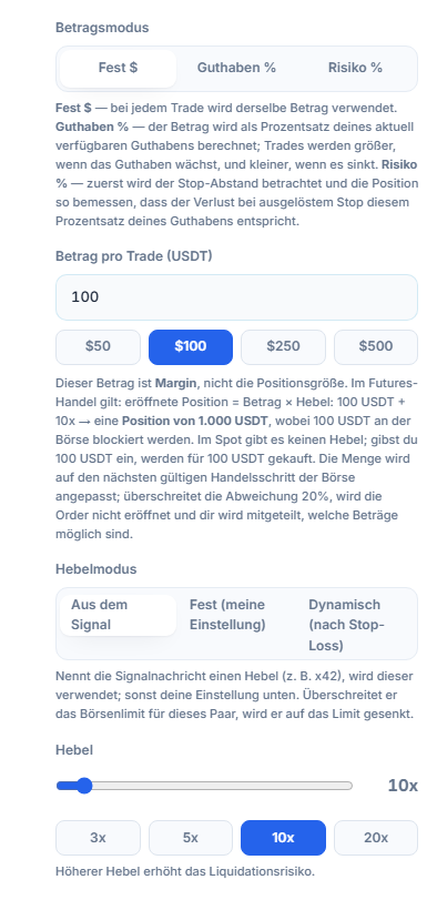 Positionsgröße & Hebel: Modus Fest Dollar, Betrag pro Trade, Hebelmodus und Hebel-Schieberegler