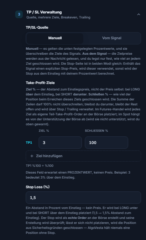 SL/TP-Verwaltung manuell: TP/SL-Quelle, Tabelle der Take-Profit-Ziele, Ziel hinzufügen und Prozentfeld Stop Loss