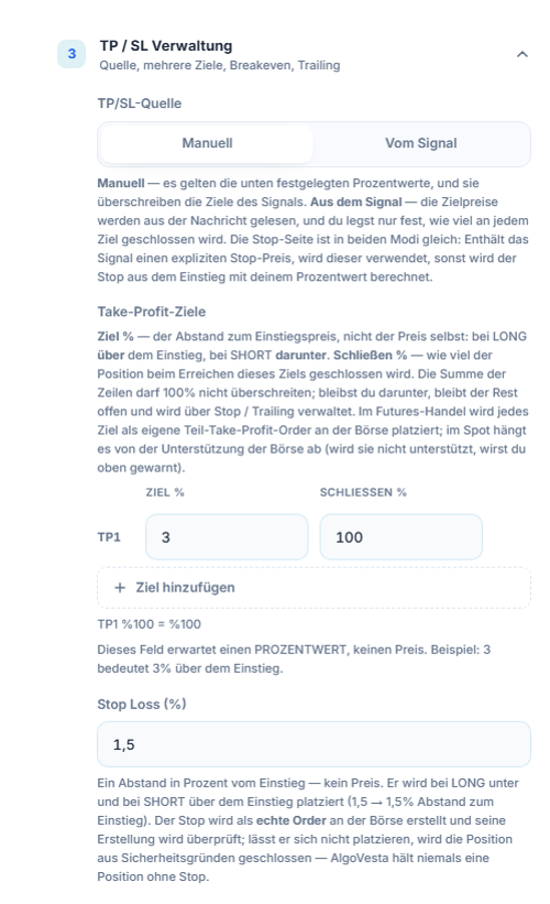 SL/TP-Verwaltung manuell: TP/SL-Quelle, Tabelle der Take-Profit-Ziele, Ziel hinzufügen und Prozentfeld Stop Loss