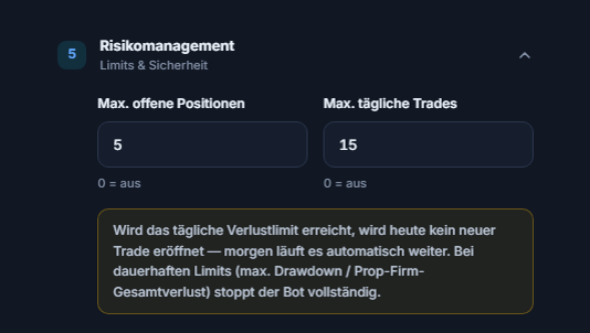 Risikomanagement Schnellmodus: Max. offene Positionen und Max. tägliche Trades