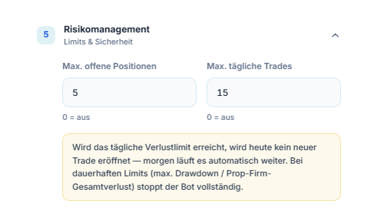 Risikomanagement Schnellmodus: Max. offene Positionen und Max. tägliche Trades
