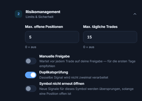 Erweitertes Risikomanagement: Max. Positionen und tägliche Trades, Manuelle Freigabe und rote Warnung, Duplikatsprüfung, Symbol nicht erneut öffnen, Vor dem Schließen erlauben in Minuten
