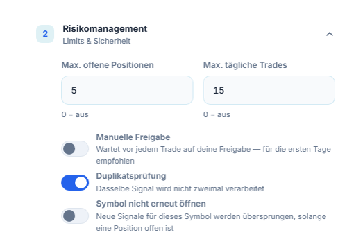 Erweitertes Risikomanagement: Max. Positionen und tägliche Trades, Manuelle Freigabe und rote Warnung, Duplikatsprüfung, Symbol nicht erneut öffnen, Vor dem Schließen erlauben in Minuten