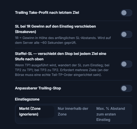 Spalte SL/TP-Verwaltung: Trailing-Take-Profit, Breakeven, Stufen-SL, anpassbarer Trailing-Stop mit Feldern für Aktivierung/Rückzug, Einstiegszone