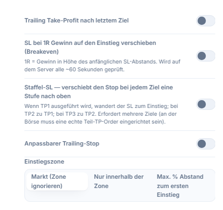 Spalte SL/TP-Verwaltung: Trailing-Take-Profit, Breakeven, Stufen-SL, anpassbarer Trailing-Stop mit Feldern für Aktivierung/Rückzug, Einstiegszone