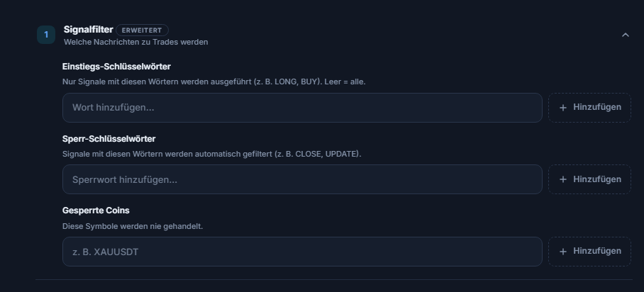 Signalfilter: Einstiegs-Schlüsselwörter, Sperr-Schlüsselwörter und Gesperrte Coins