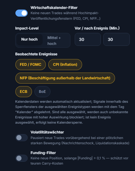 Schutzschild, Spalte Markt: Wirtschaftskalender-Filter, Impact-Level, Minuten vor und nach dem Ereignis, beobachtete Ereignisse, Volatilitätswächter und Funding-Filter