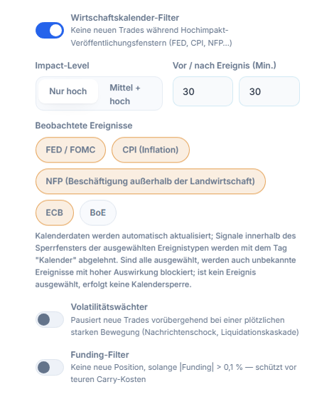 Schutzschild, Spalte Markt: Wirtschaftskalender-Filter, Impact-Level, Minuten vor und nach dem Ereignis, beobachtete Ereignisse, Volatilitätswächter und Funding-Filter