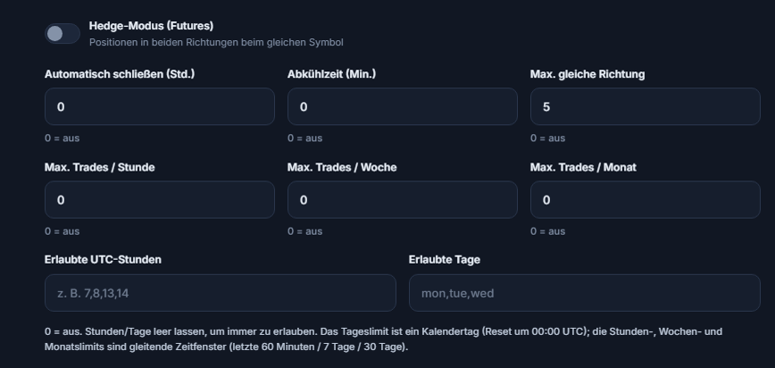 Erweiterte Ausführung: Hedge-Modus, Automatisch schließen, Abkühlzeit, Max. gleiche Richtung, stündliche, wöchentliche und monatliche Trade-Limits, erlaubte UTC-Stunden und erlaubte Tage