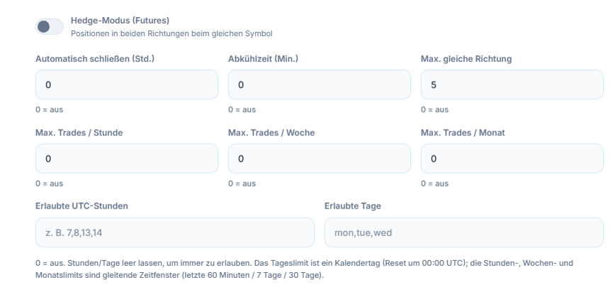 Erweiterte Ausführung: Hedge-Modus, Automatisch schließen, Abkühlzeit, Max. gleiche Richtung, stündliche, wöchentliche und monatliche Trade-Limits, erlaubte UTC-Stunden und erlaubte Tage