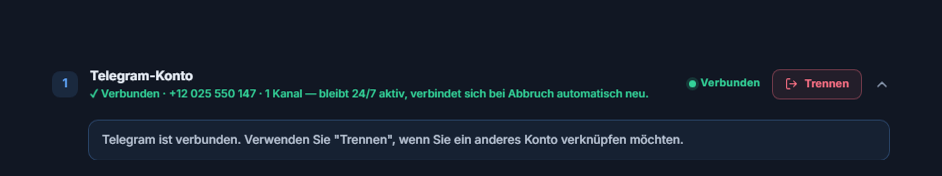 Abschnitt Telegram-Konto nach der Verbindung: grünes Badge Verbunden, Schaltfläche Trennen und Hinweis, dass Telegram verbunden ist