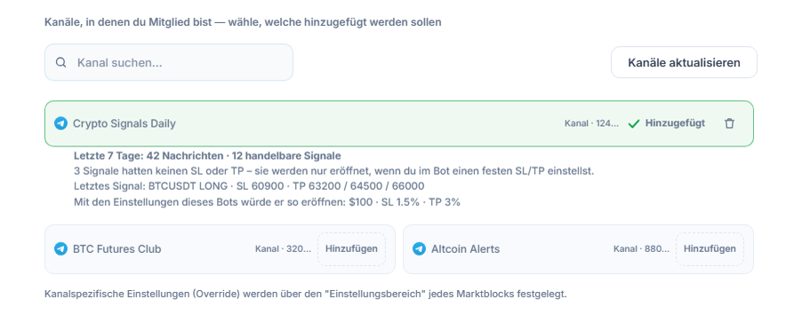 Abschnitt Signalkanäle nach der Verbindung: Kanalsuchfeld, Schaltfläche Kanäle aktualisieren, Kanäle mit Hinzufügen-Schaltfläche, ein hinzugefügter Kanal mit Hinzugefügt-Markierung und darunter die 7-Tage-Kanalbewertung