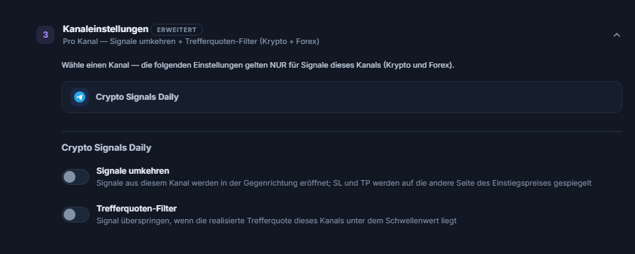 Akkordeon Kanaleinstellungen: Zeile des ausgewählten Kanals mit Rahmen, darunter die Schalter Signale umkehren und Trefferquoten-Filter