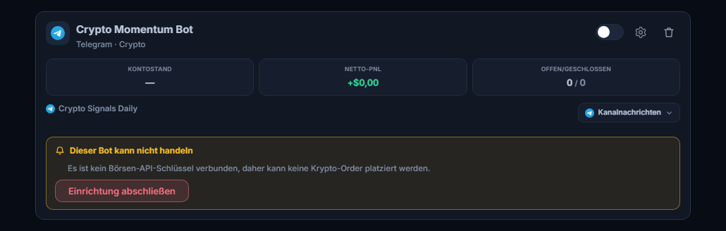 Frisch erstellte Bot-Karte im Panel Meine Bots: Bot-Name und Quelle, Liste „Dieser Bot kann keine Trades eröffnen“ und Schaltfläche Einrichtung abschließen