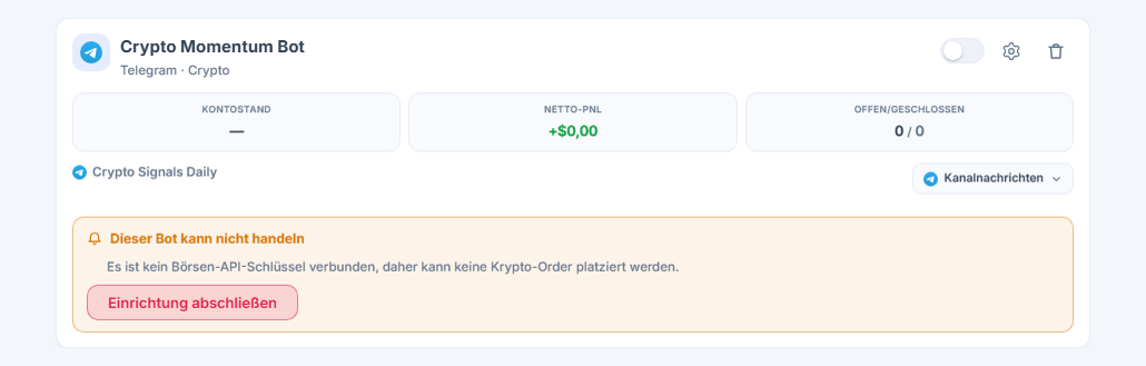 Frisch erstellte Bot-Karte im Panel Meine Bots: Bot-Name und Quelle, Liste „Dieser Bot kann keine Trades eröffnen“ und Schaltfläche Einrichtung abschließen