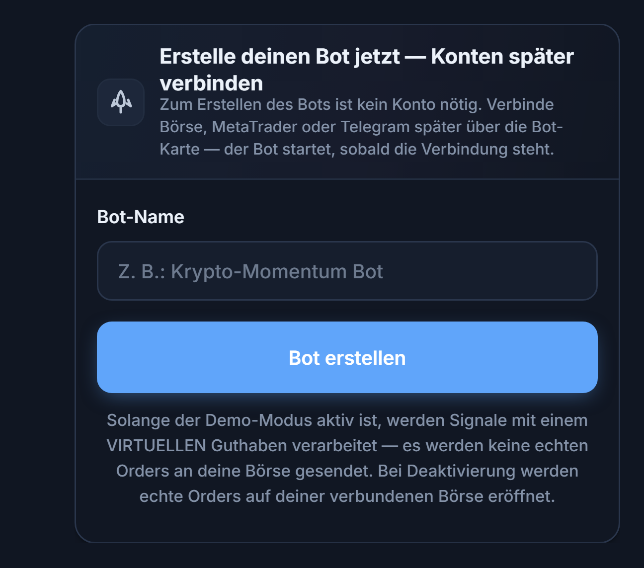 Panel „Erstelle deinen Bot jetzt“: Feld Bot-Name und Schaltfläche Bot erstellen