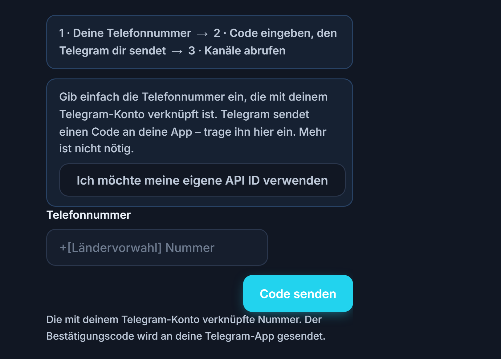 Telegram-Verbindung: Schrittleiste, Feld Telefonnummer und Schaltfläche Code senden