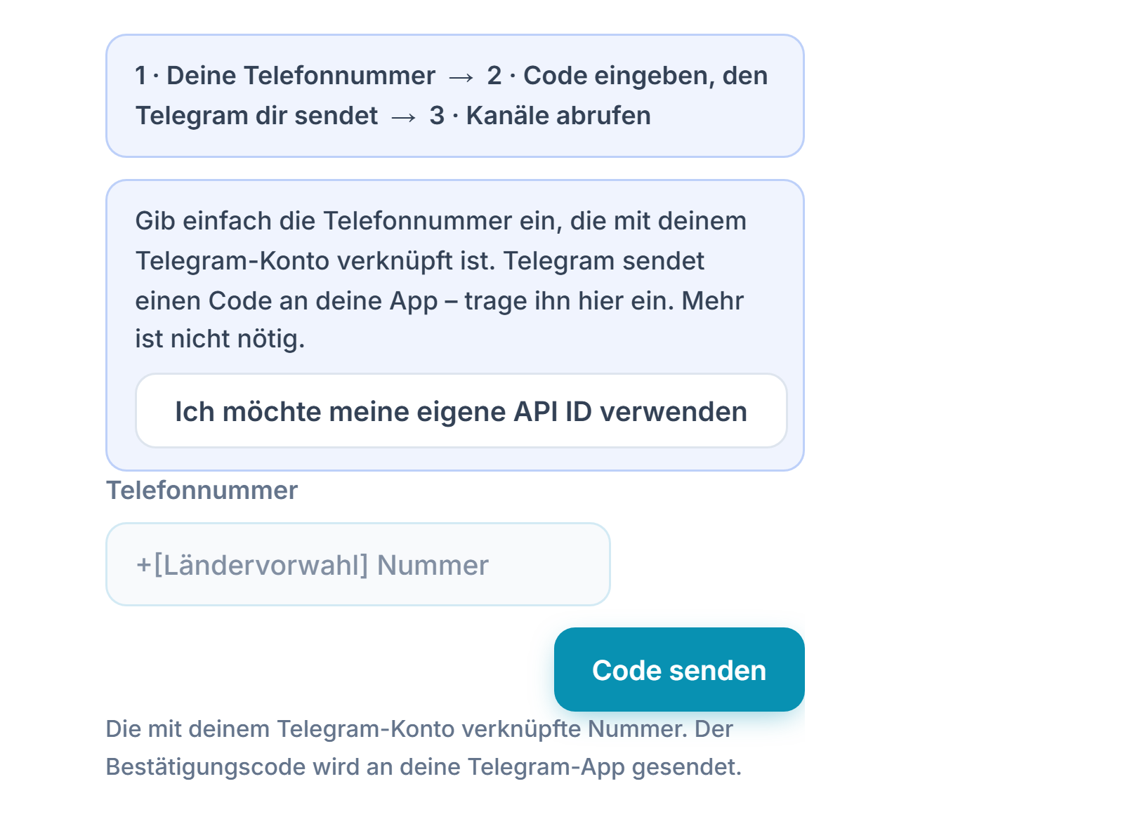 Telegram-Verbindung: Schrittleiste, Feld Telefonnummer und Schaltfläche Code senden