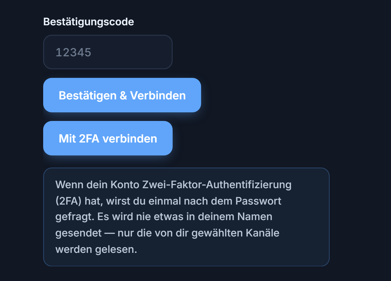 Feld Bestätigungscode und Schaltfläche Verifizieren & Verbinden