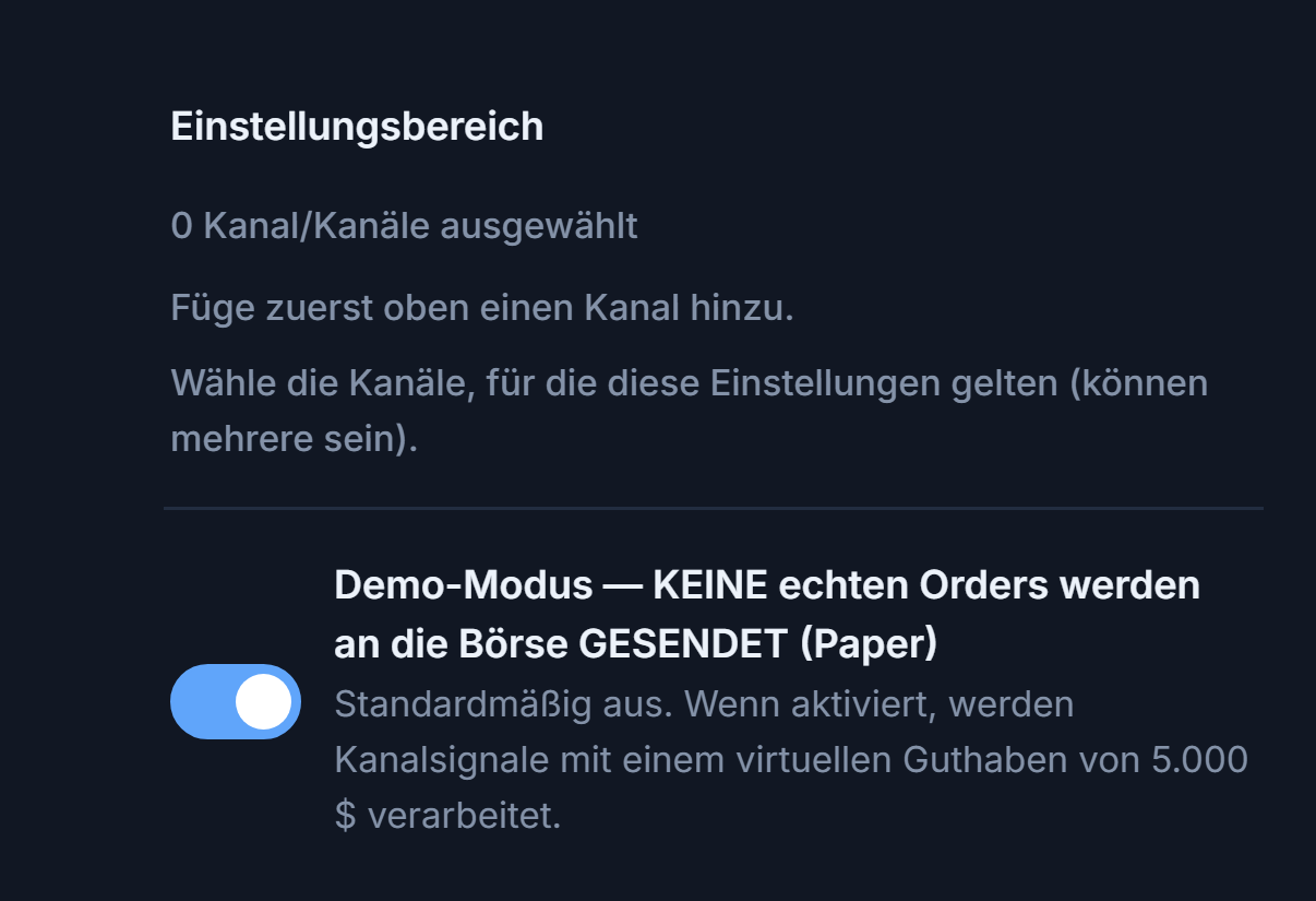 Oberer Teil der Krypto-Einrichtung: Einstellungsbereich (0 Kanäle ausgewählt) und ausgeschalteter Demo-Modus-Schalter