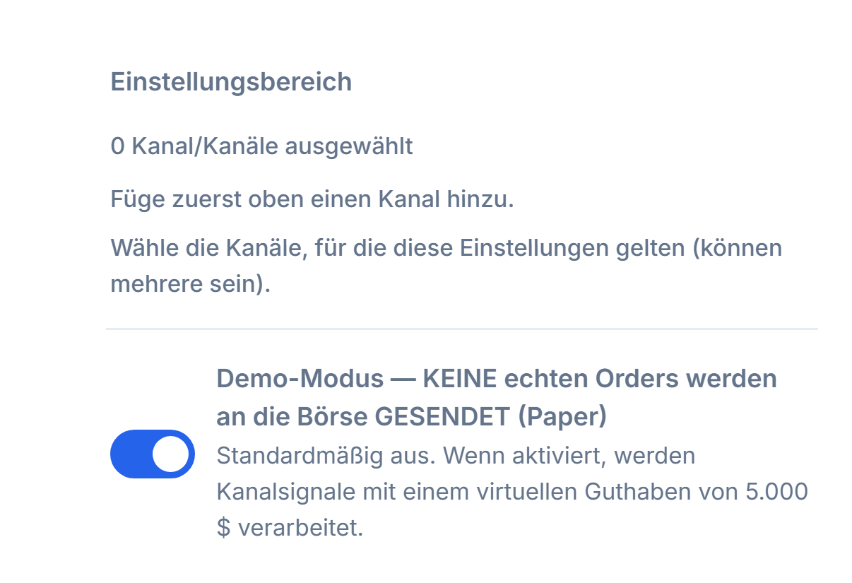Oberer Teil der Krypto-Einrichtung: Einstellungsbereich (0 Kanäle ausgewählt) und ausgeschalteter Demo-Modus-Schalter