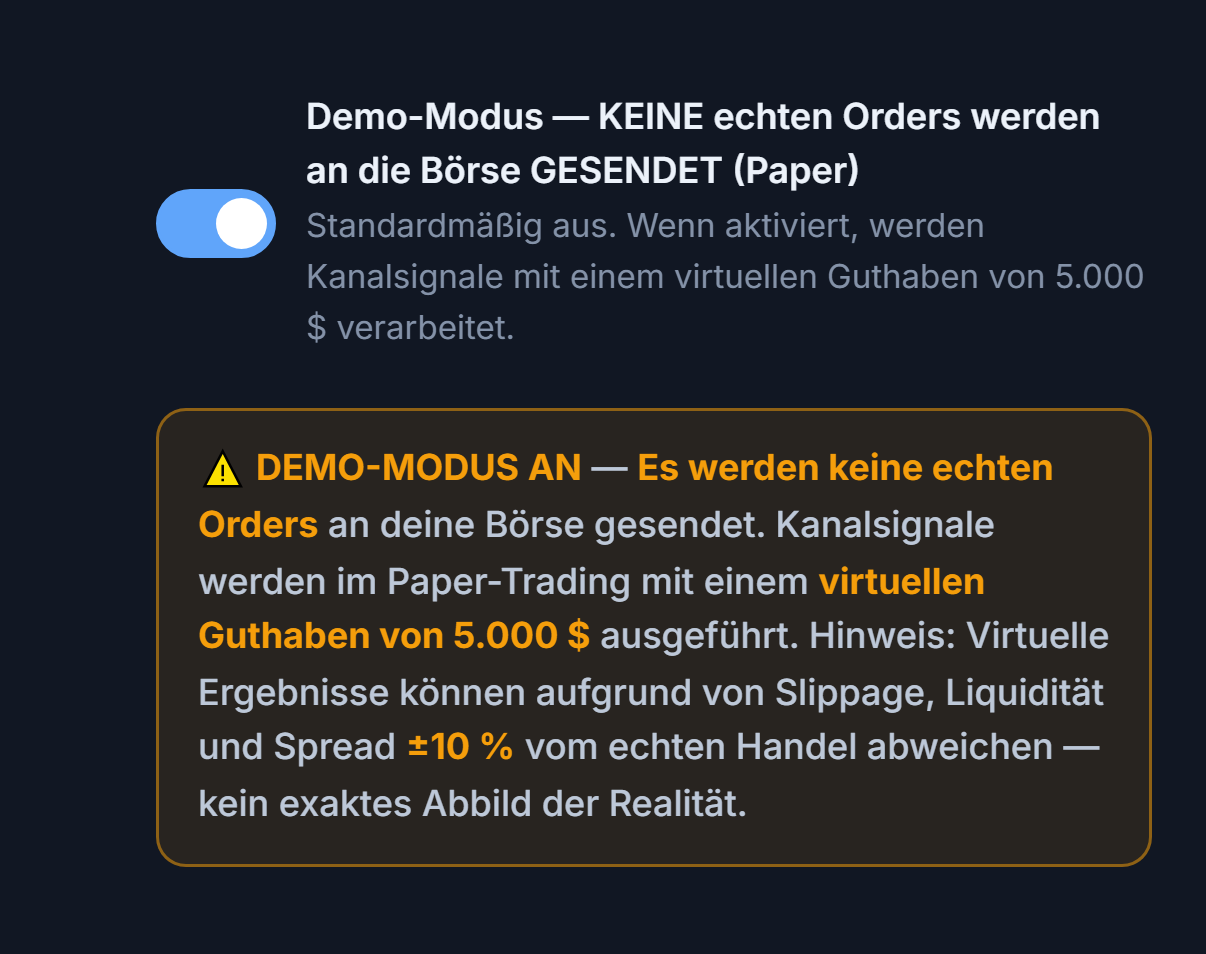 Demo-Modus eingeschaltet: Schalter in Position an und orangefarbener Warnbalken DEMO-MODUS AN