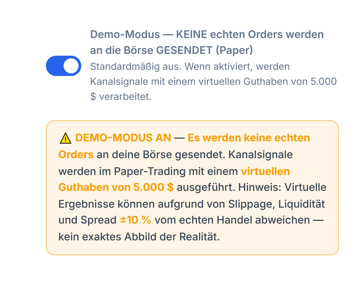 Demo-Modus eingeschaltet: Schalter in Position an und orangefarbener Warnbalken DEMO-MODUS AN