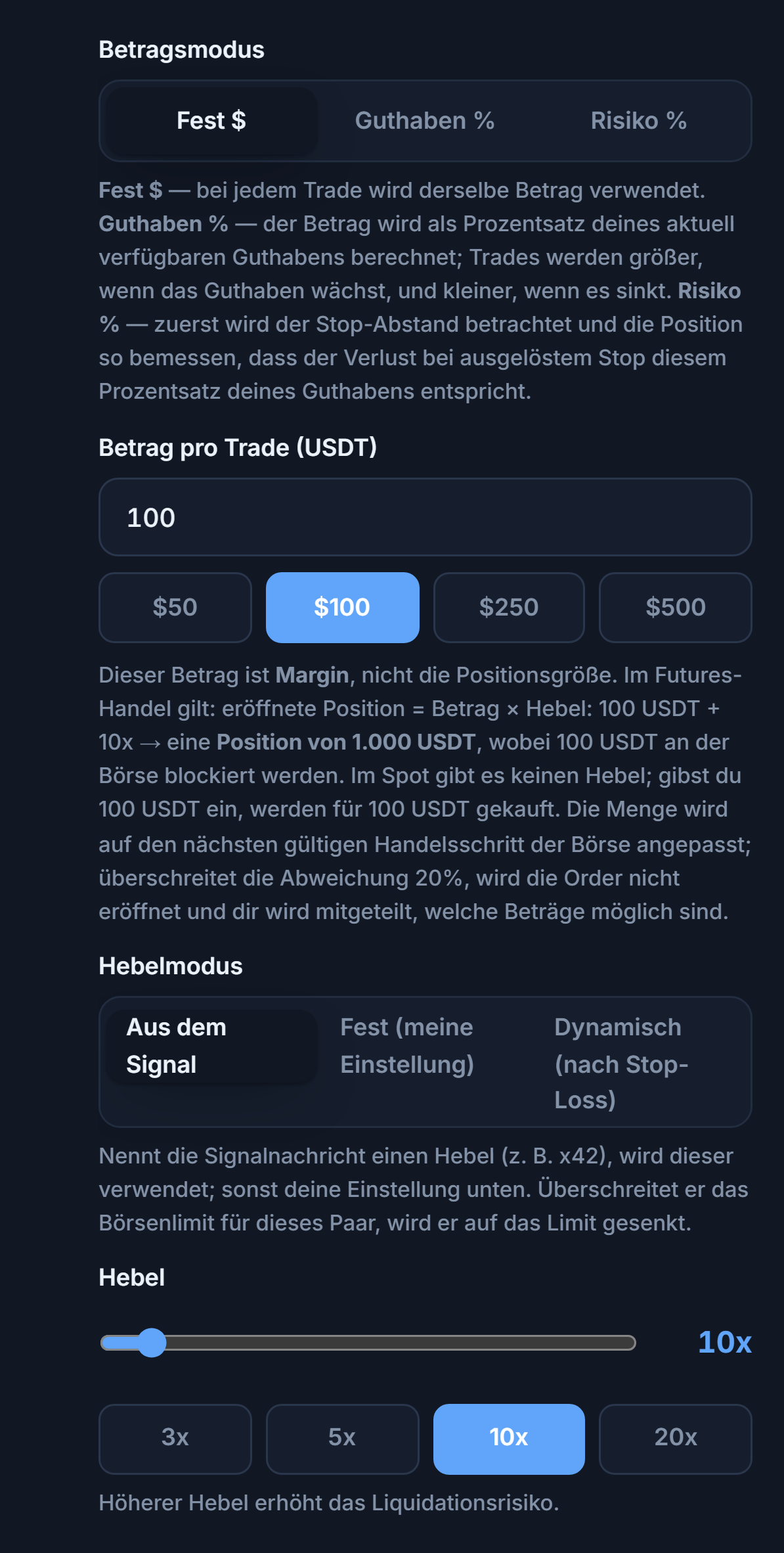 Positionsgröße & Hebel: Modus Fest Dollar, Betrag pro Trade, Hebelmodus und Hebel-Schieberegler