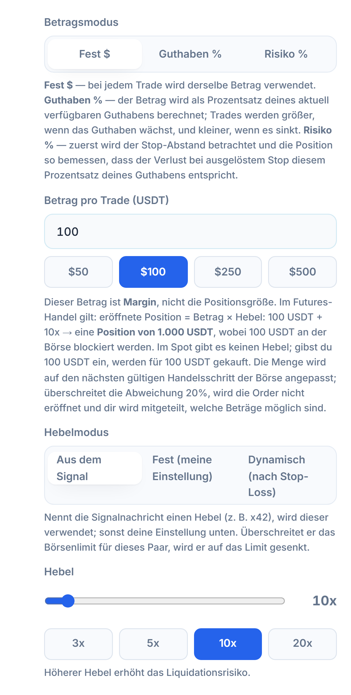 Positionsgröße & Hebel: Modus Fest Dollar, Betrag pro Trade, Hebelmodus und Hebel-Schieberegler