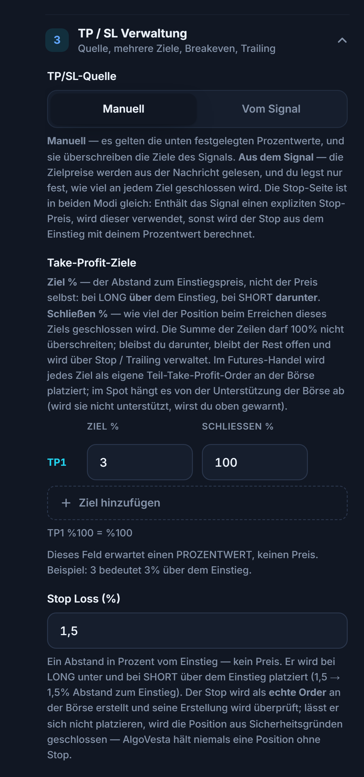 SL/TP-Verwaltung manuell: TP/SL-Quelle, Tabelle der Take-Profit-Ziele, Ziel hinzufügen und Prozentfeld Stop Loss