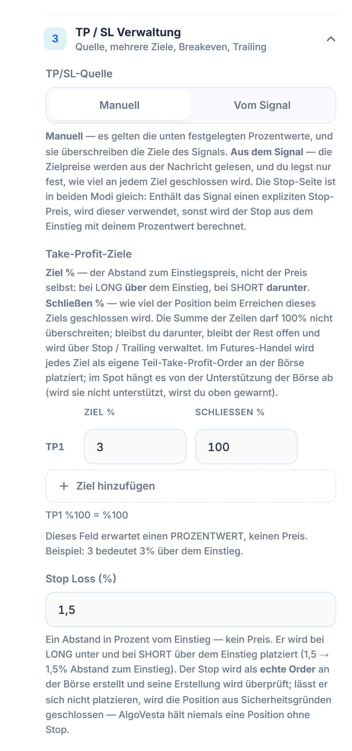 SL/TP-Verwaltung manuell: TP/SL-Quelle, Tabelle der Take-Profit-Ziele, Ziel hinzufügen und Prozentfeld Stop Loss