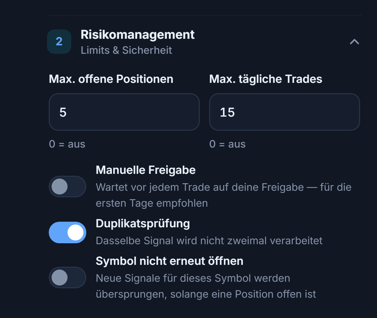Erweitertes Risikomanagement: Max. Positionen und tägliche Trades, Manuelle Freigabe und rote Warnung, Duplikatsprüfung, Symbol nicht erneut öffnen, Vor dem Schließen erlauben in Minuten